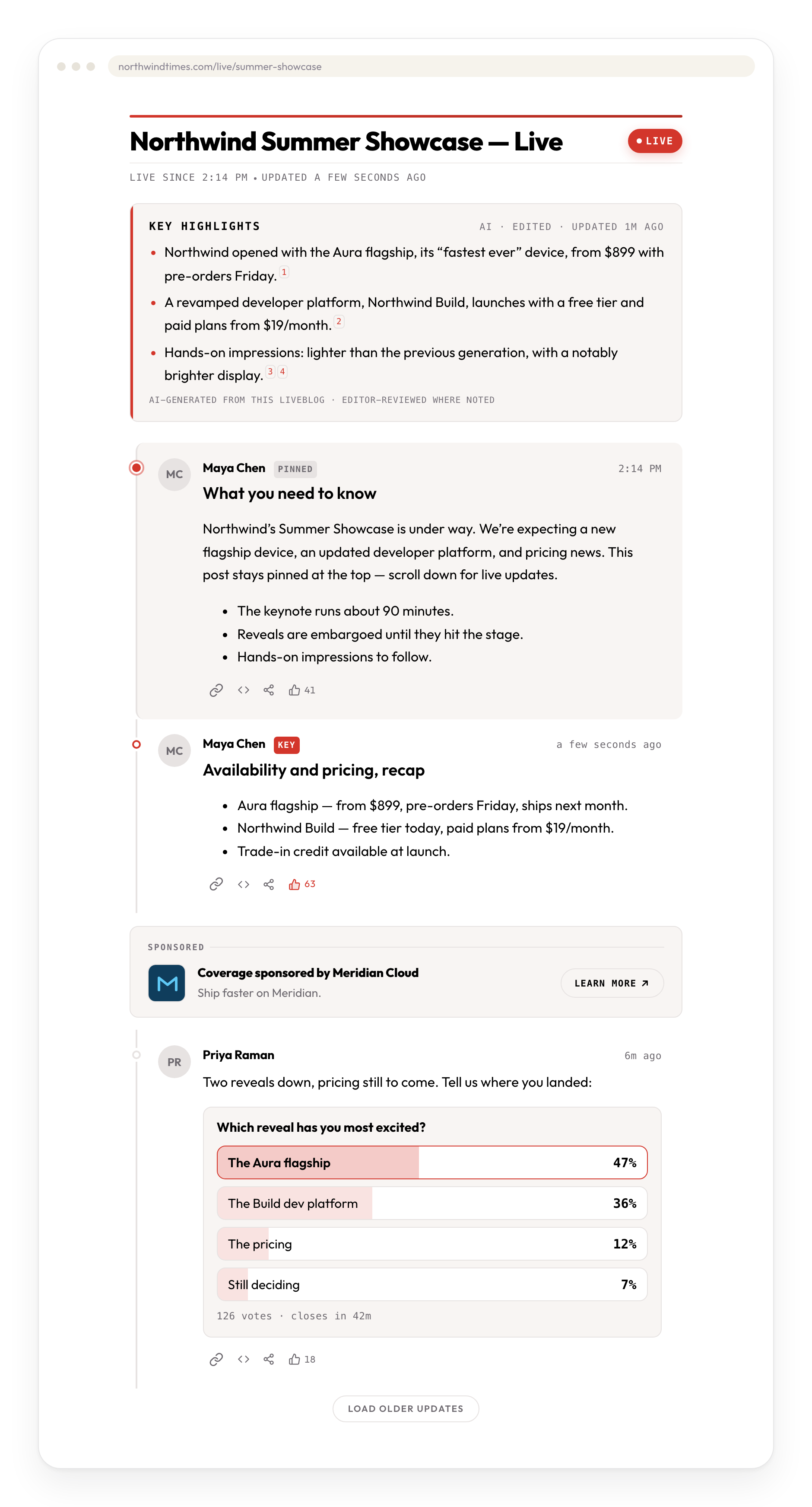 The OnCue reader on a publisher's site: a live liveblog with a Live badge, a cited Key Highlights summary, a pinned scene-setting update, a live poll, and a labeled sponsor card.